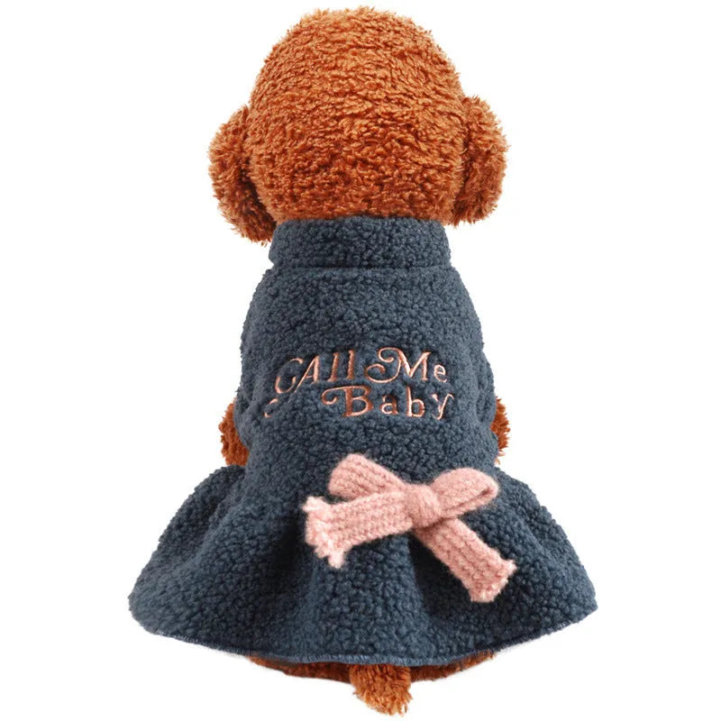 Pink and dark blue letter print fleece skirt for dogs with elastic waistband