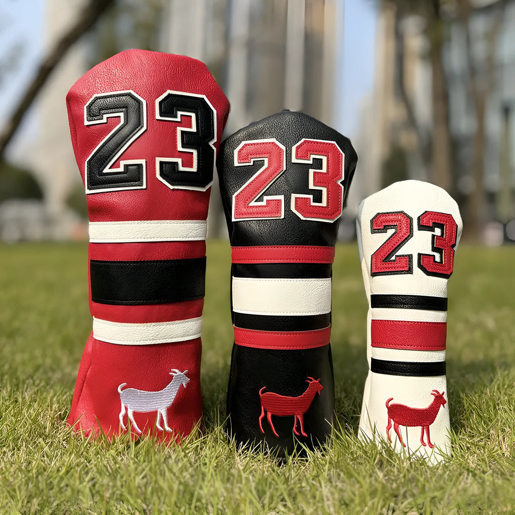 Set of four Ram PU golf club headcover sleeves for driver, fairway woods, and utility iron.