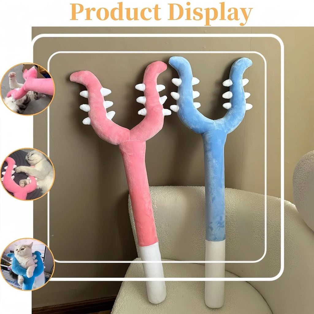 70cm blue plush cat wand toy with foam-filled front section for interactive pet play