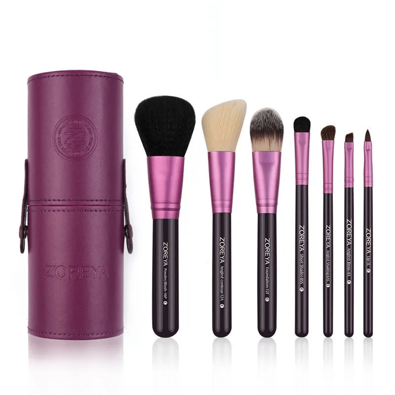 7-piece makeup brush set with synthetic and goat hair bristles and wood handles in green purple and red colours