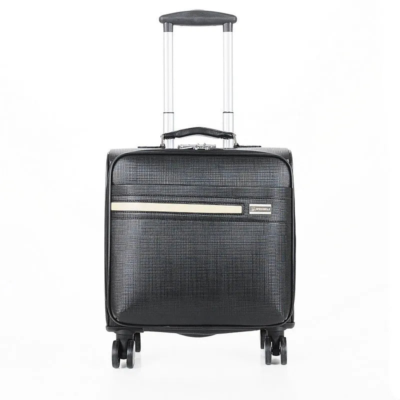 Black 18-inch wheeled business case made of PU leather with a lock and retractable handle.