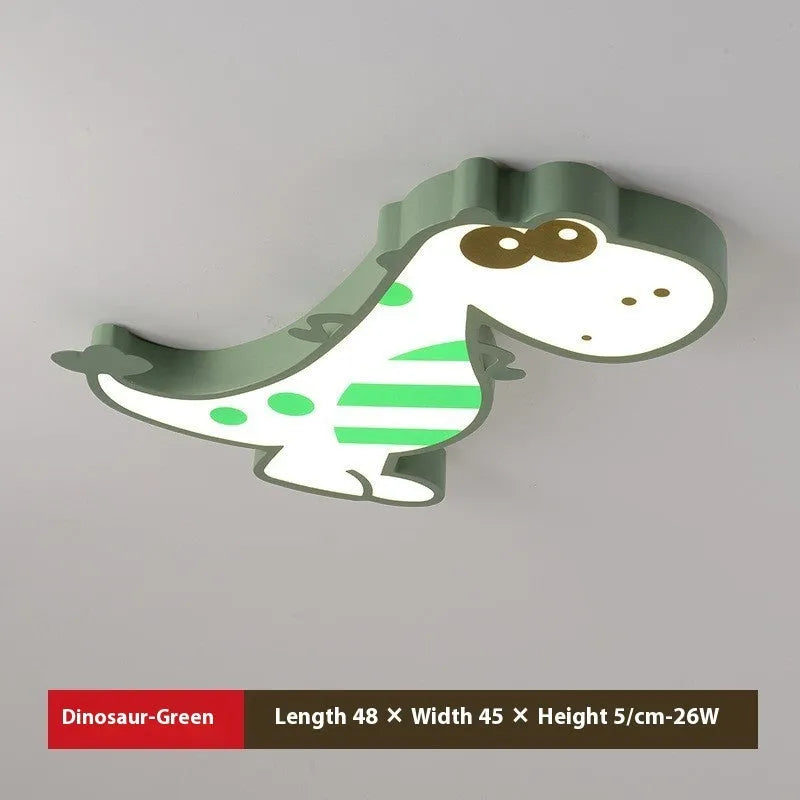 Green cartoon dinosaur ceiling light with aluminium body and PVC shade, electrodeless dimming function