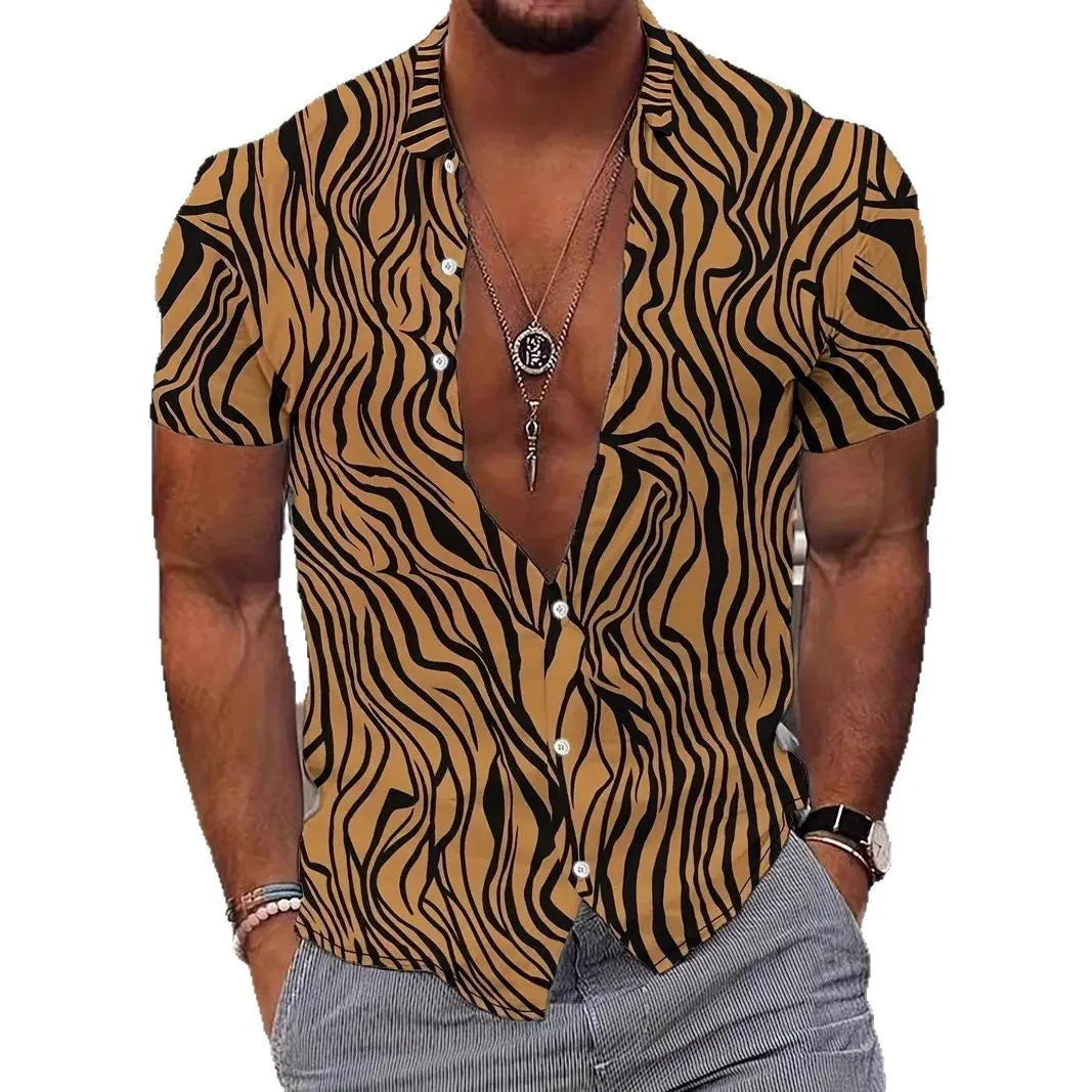 Men's geometric line print lapel short sleeve shirt in slim fit polyester fabric