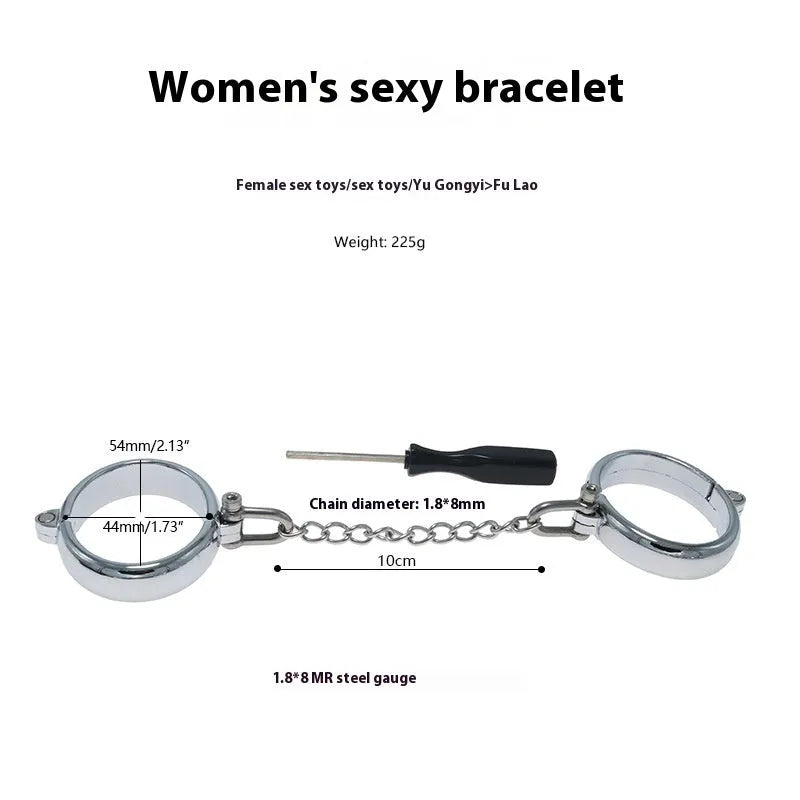 Polished silver handcuffs and footcuffs set with stainless steel components for adult role play accessories