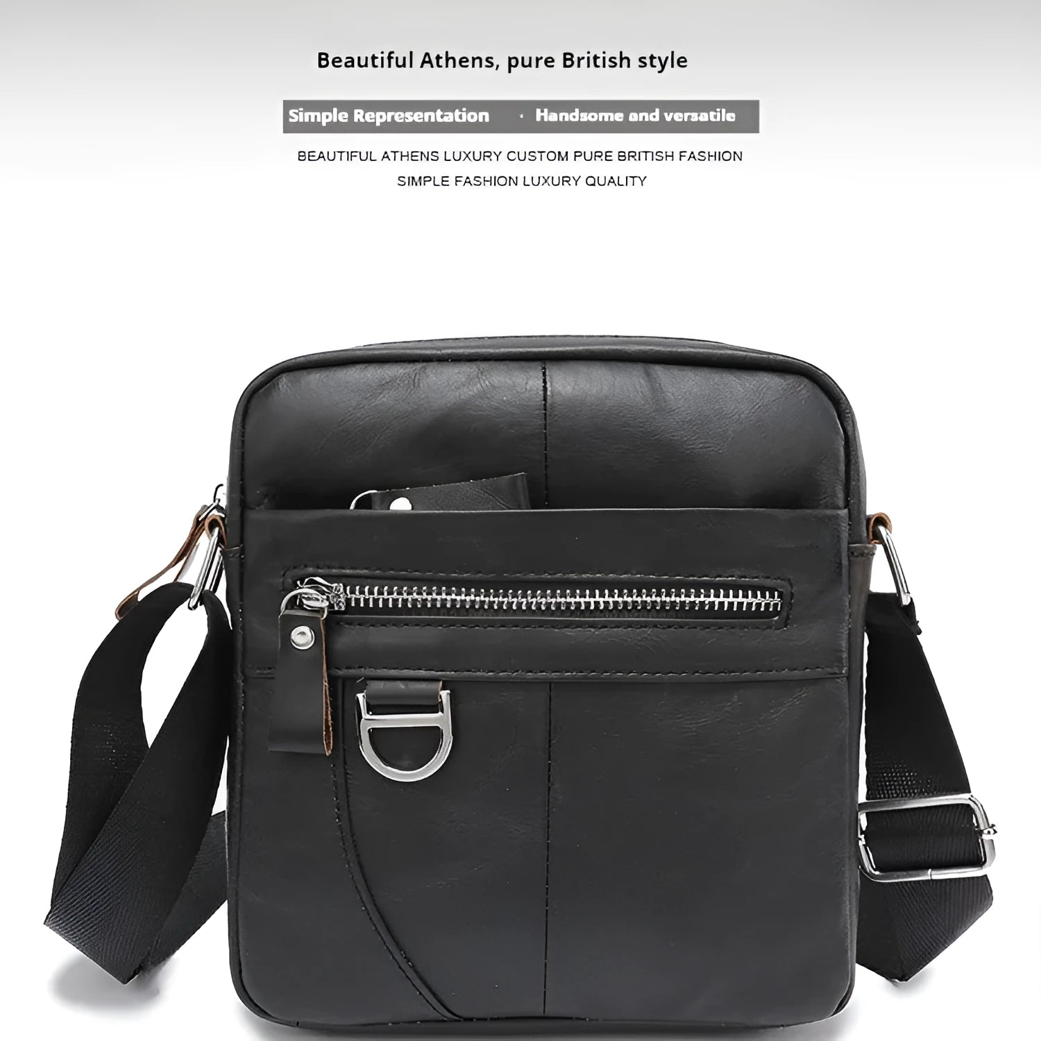 Brown genuine cattle leather messenger bag for boys with sewing line detailing, 8 inch size