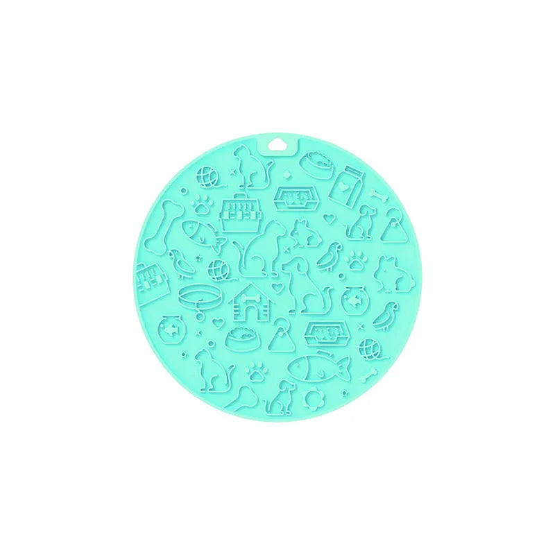 Round silicone pet licking mat with textured surface and central sucker in blue colour option