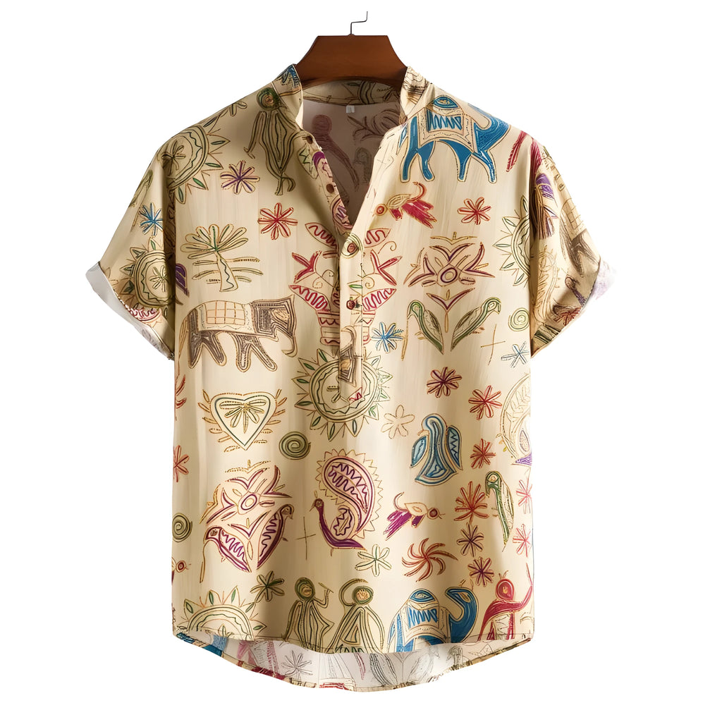 Man wearing a plus size casual shirt with a 3D digital print pattern, showing its loose cardigan style.