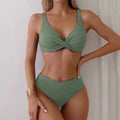 Women's solid colour bikini set in polyester rib fabric, shown on a hanger.
