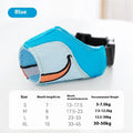Canvas dog mouth cover muzzle shown in Ollie Brown Bear and Bondi Blue Shark colours, with size labels S, M, L, XL.