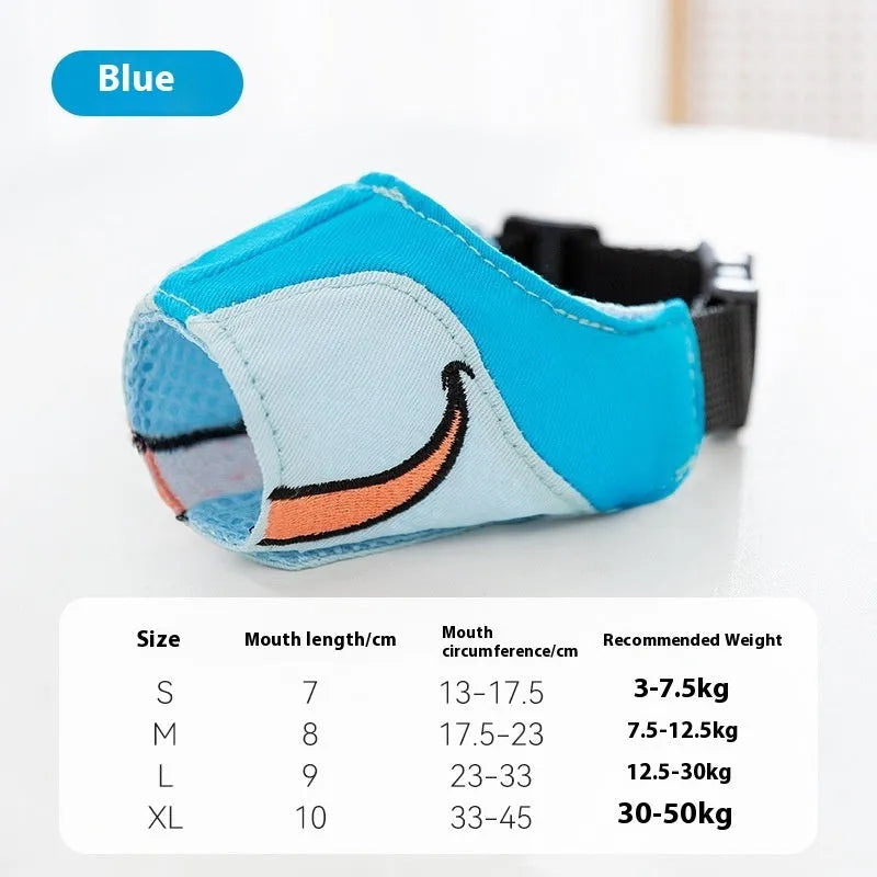 Canvas dog mouth cover muzzle shown in Ollie Brown Bear and Bondi Blue Shark colours, with size labels S, M, L, XL.