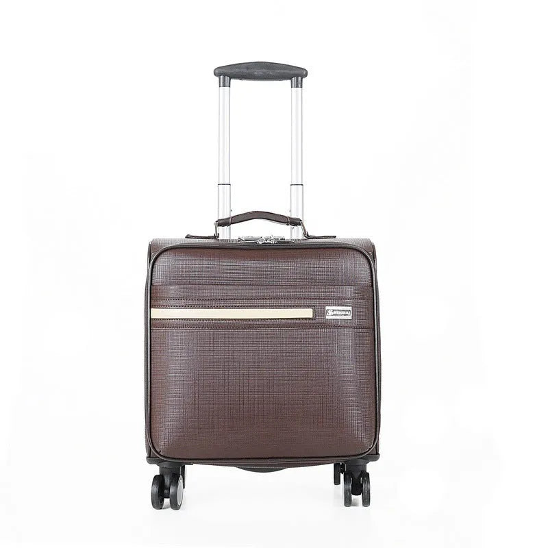 Black 18-inch wheeled business case made of PU leather with a lock and retractable handle.