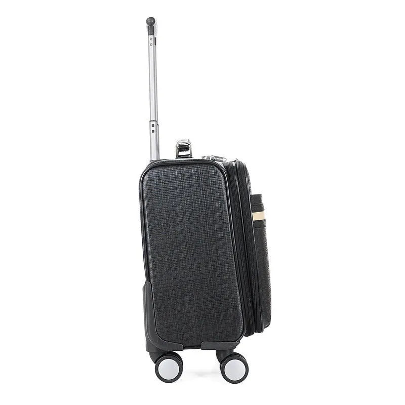 Black 18-inch wheeled business case made of PU leather with a lock and retractable handle.