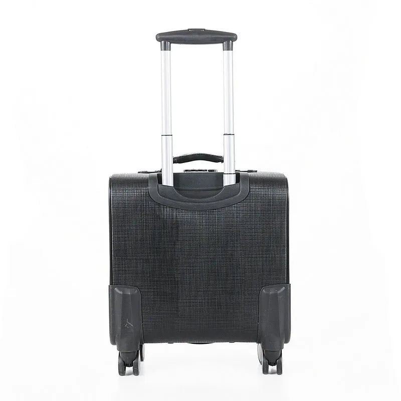 Black 18-inch wheeled business case made of PU leather with a lock and retractable handle.