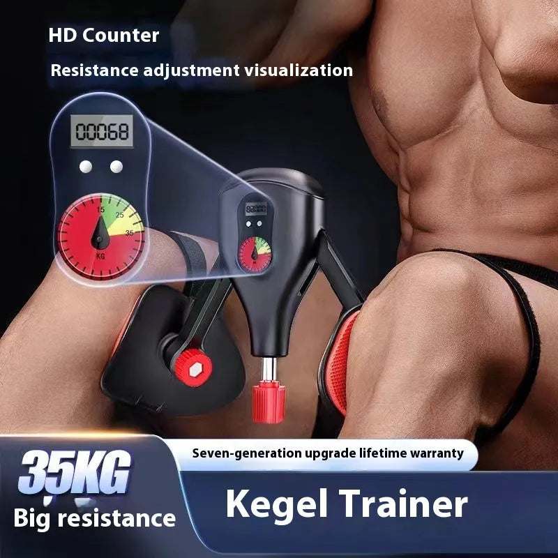 Men's black and grey Kegel trainer for PC muscle exercise, shown with optional straps and handle.
