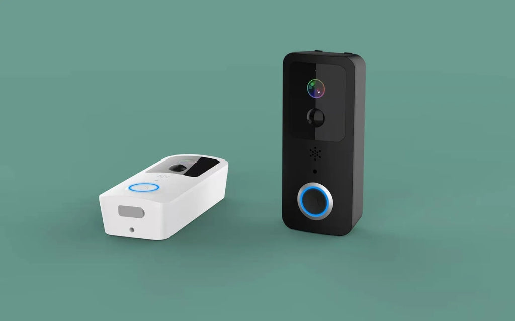 Smart home waterproof visual doorbell with camera and 18650 battery, shown in black and white doodle board designs.