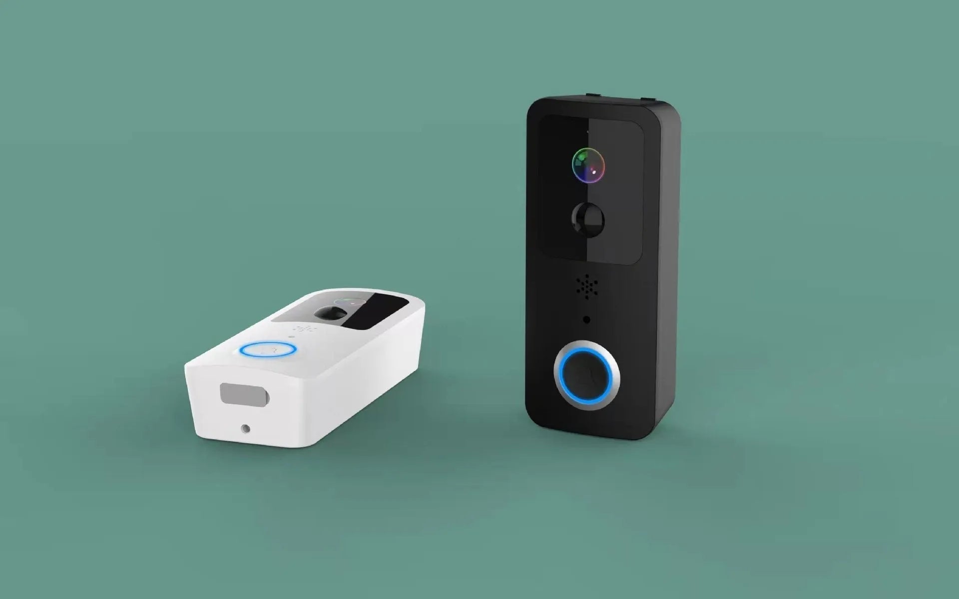 Smart home waterproof visual doorbell with camera and 18650 battery, shown in black and white doodle board designs.