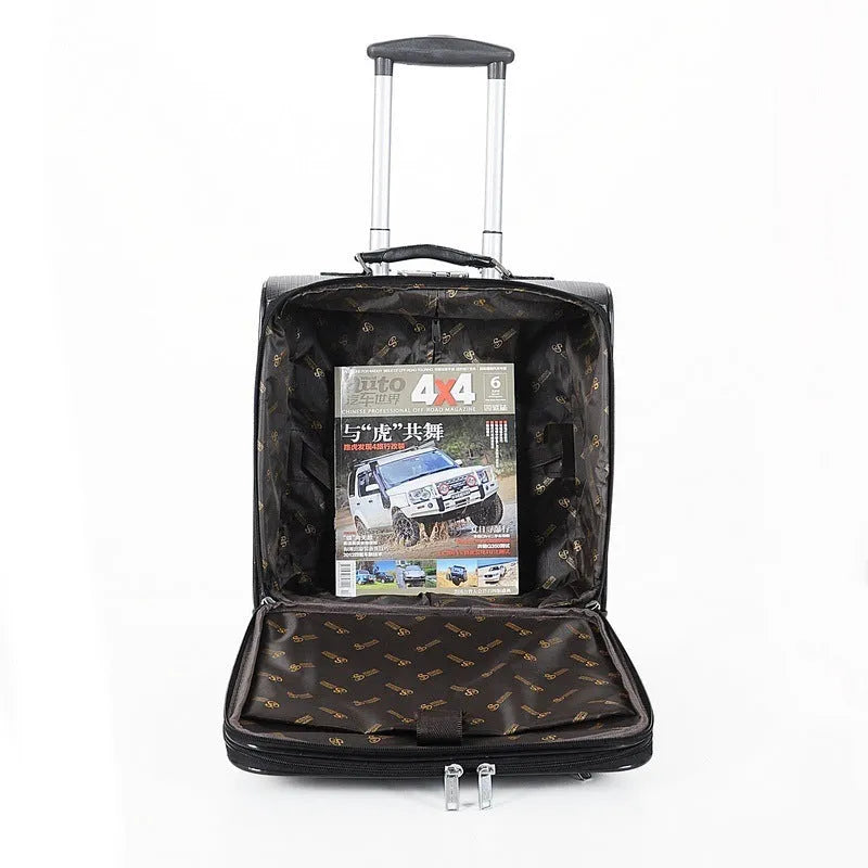 Black 18-inch wheeled business case made of PU leather with a lock and retractable handle.