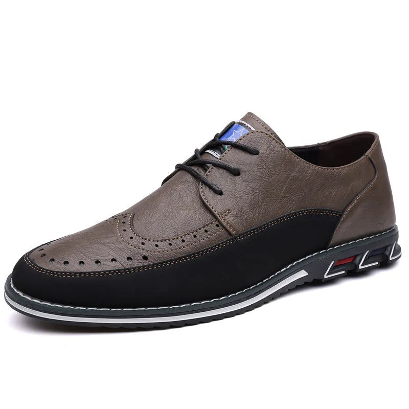 Men's leather casual shoes with rubber sole in black, grey, khaki and orange colours