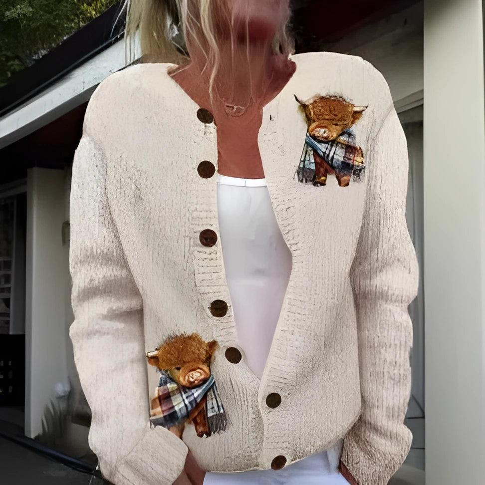 Women's loose-fit cardigan coat with a white 3D geometric digital print pattern on a solid coloured background.