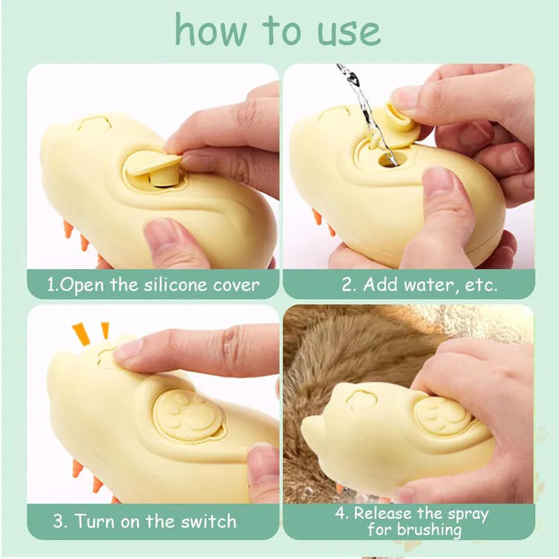 White 3-in-1 steam grooming brush for cats and dogs on a grey surface.