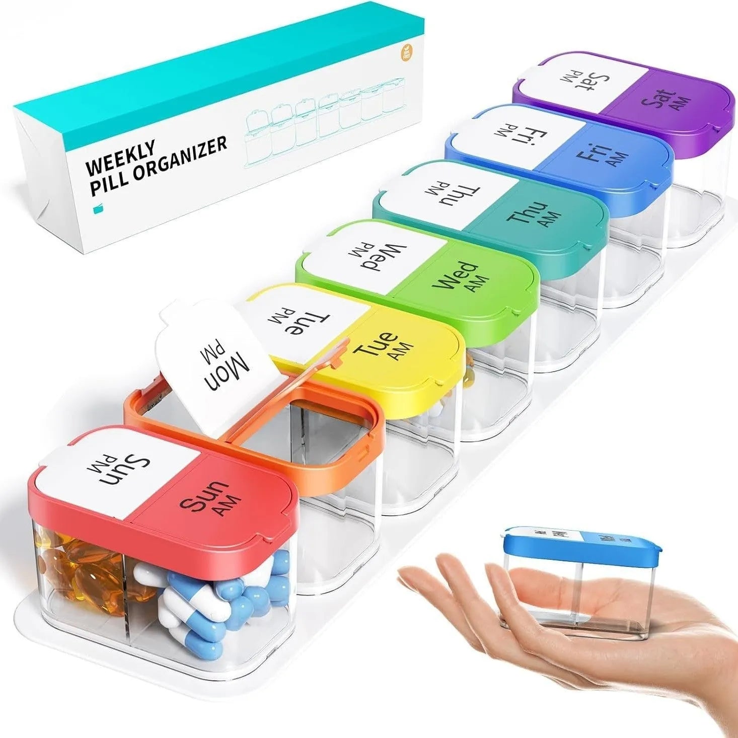 Large white plastic pill organiser box with 14 compartments, shown disassembled into separate sections.