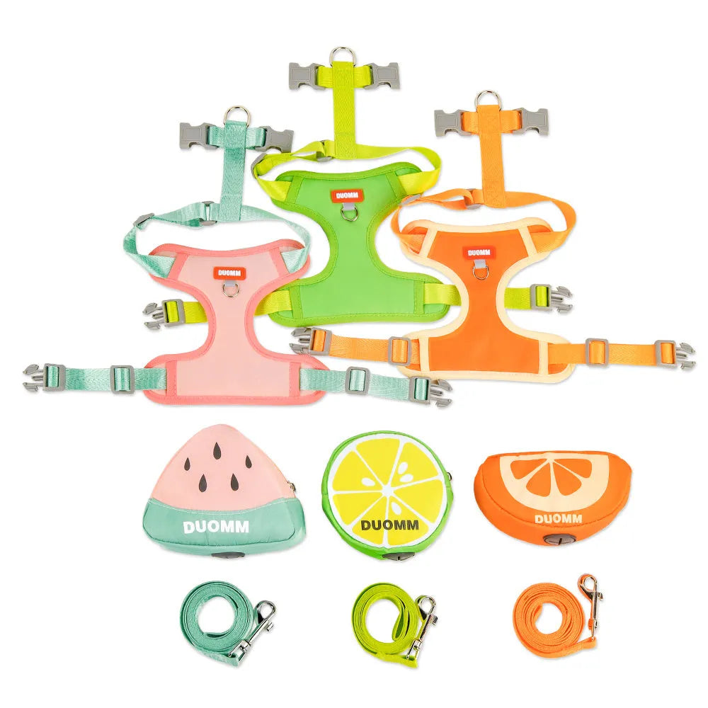 Green anti-slip pet harness and backpack set for a small dog on a pink background