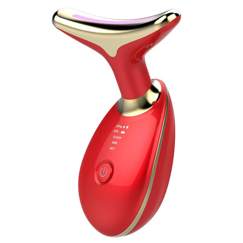 Black and silver EMS thermal neck massager with LED lights for wrinkle reduction and skin tightening