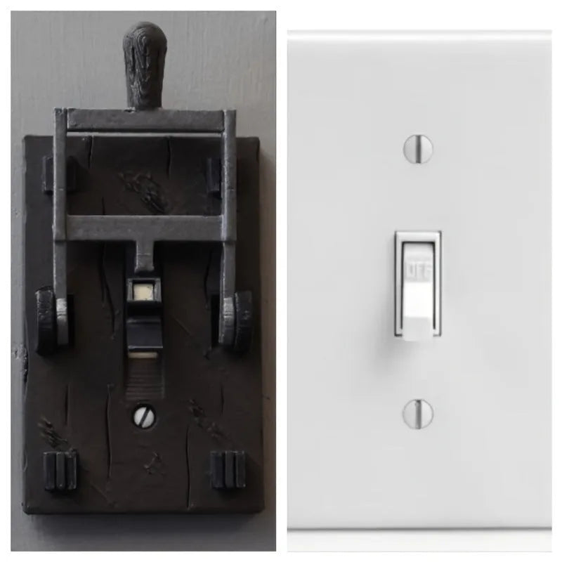 DZ1V1 retro-style decorative mechanical light switch with plate for exposed installation.
