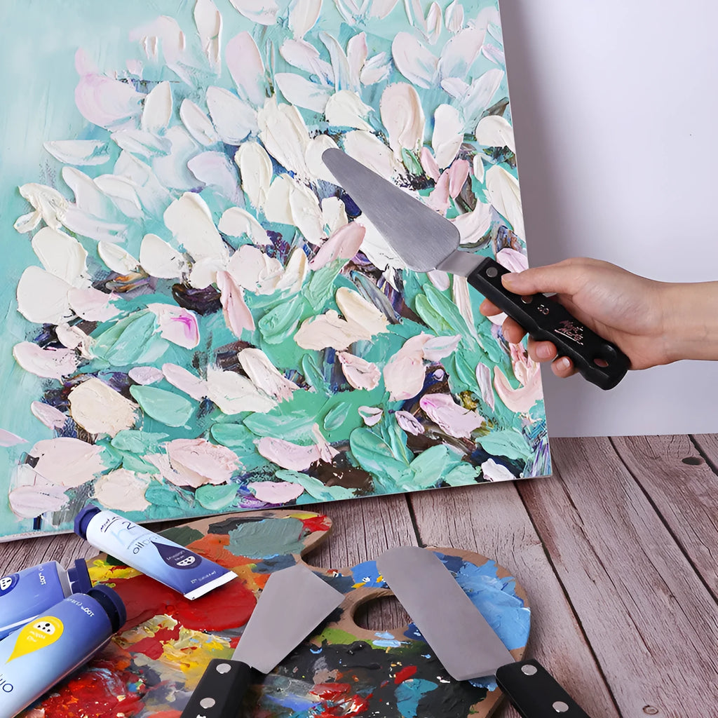 Stainless steel artist palette knife set with three sizes No. 3, No. 10, and No. 12 for oil painting