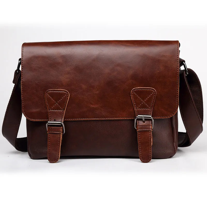 Men's one-shoulder vintage satchel bag in PU leather with plaid pattern, black colour, compact travel size