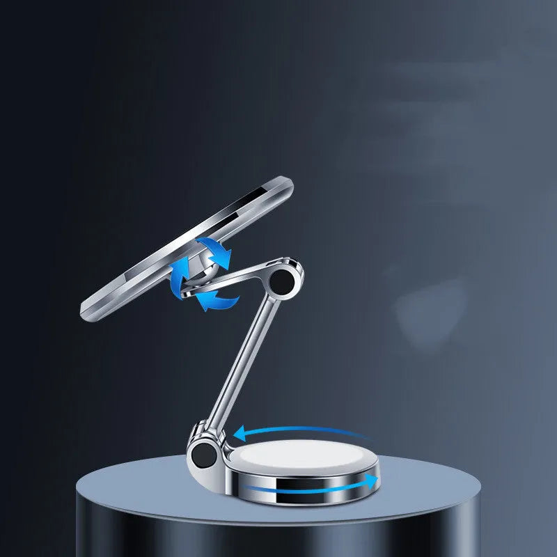 Car phone holder with magnetic adhesive mount and 360 degree rotating bracket on dashboard
