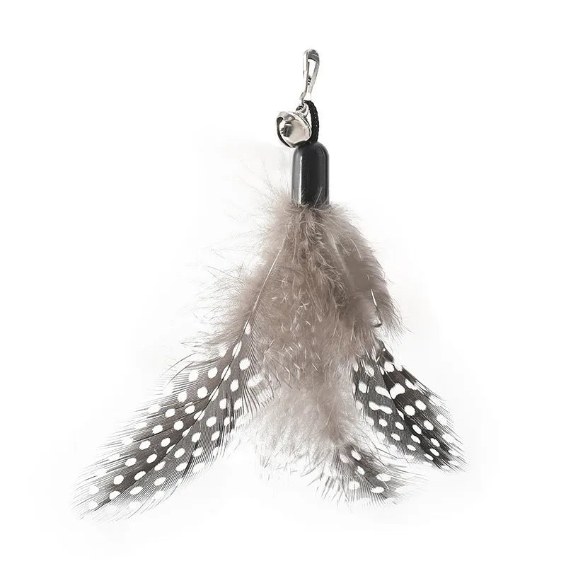 Wooden handle cat teasing stick with feather bell heads in multiple colours