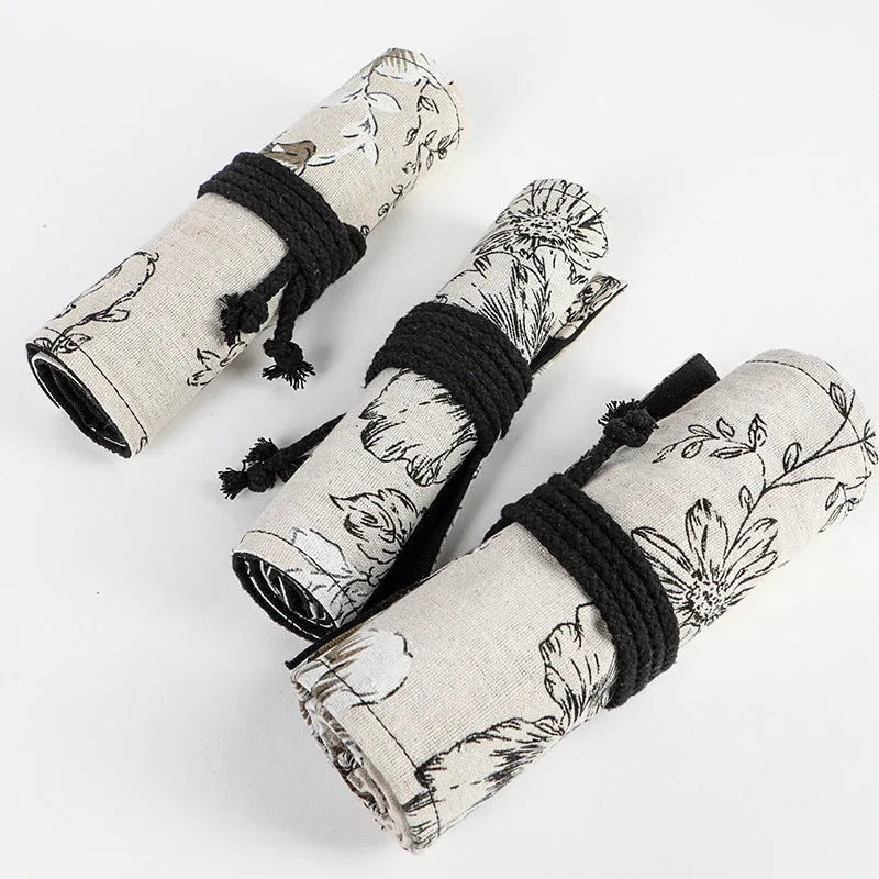 Black peony print canvas pencil roll bag with cotton hemp fabric