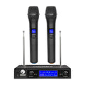 V-3002 dual handheld wireless microphone system with black microphones and compact transmitter unit