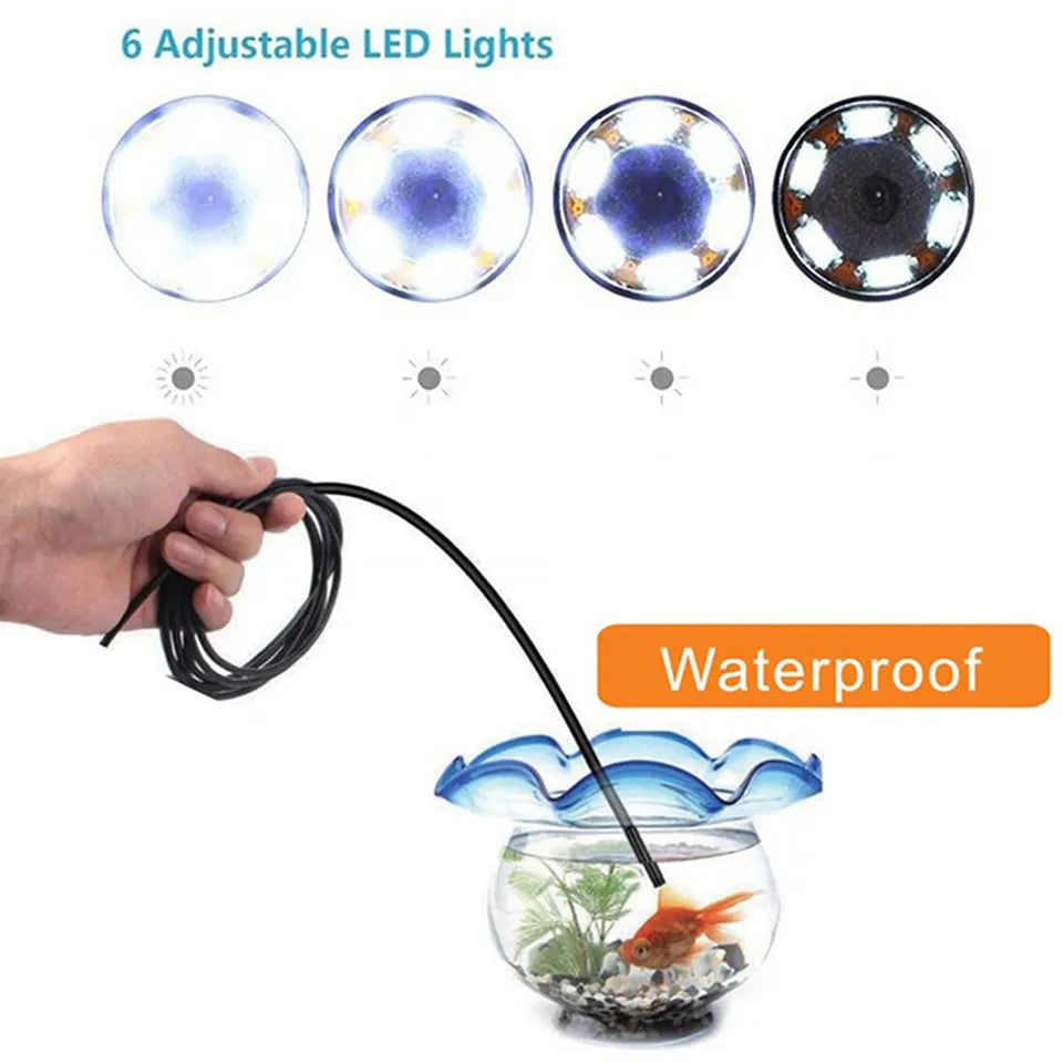 3-in-1 USB Type-C endoscope kit with flexible cable, waterproof probe, side mirror, hook, and magnet on a white background.