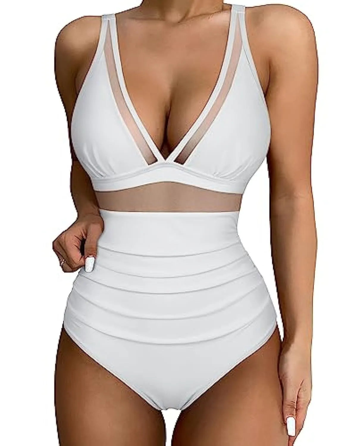Women's high waist one-piece swimsuit in quick-drying polyester fabric available in multiple colours and sizes