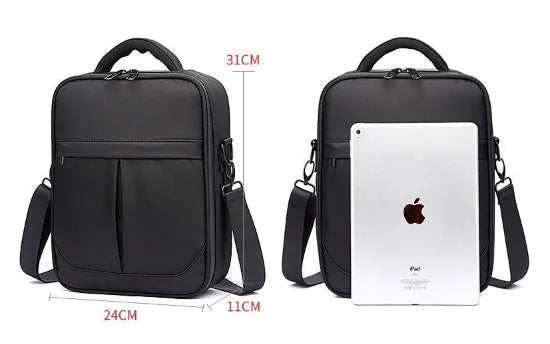 Black Oxford fabric men's messenger bag showing shoulder strap and front panel
