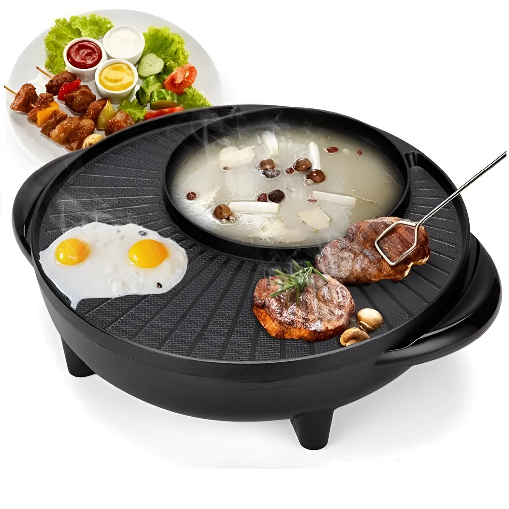Black electric multifunction hot pot grill with 36cm aluminium alloy cooking surface and control panel