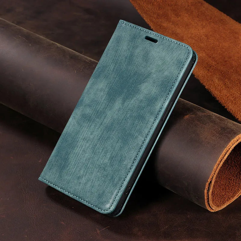 Magnetic flip leather phone case for iPhone in solid colours including red and blue.