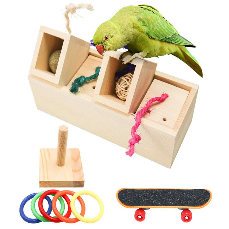 Wooden puzzle training toy for birds with multiple pieces for foraging enrichment