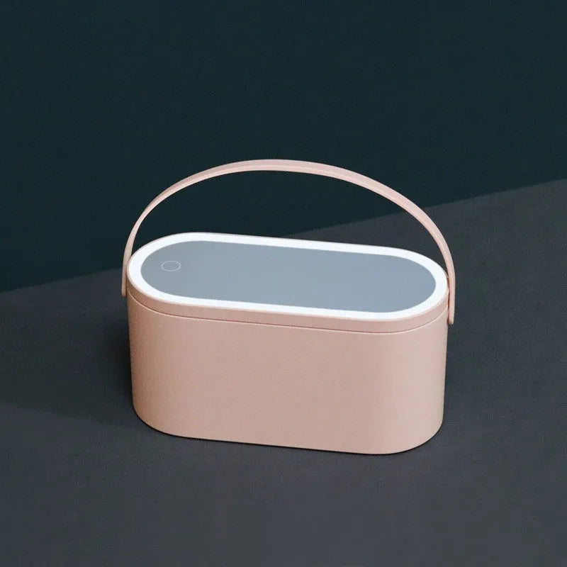 Portable LED light storage box beauty mirror with aluminium reflective surface and storage compartments