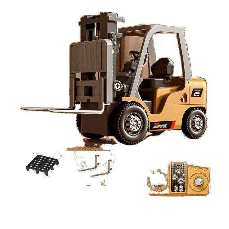 Blue die-cast alloy remote control forklift toy with cargo accessories on wooden pallet