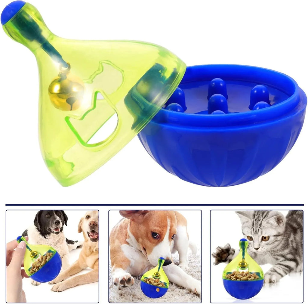 Tumbler-shaped pet treat dispenser toy for dogs and cats with leaky food openings