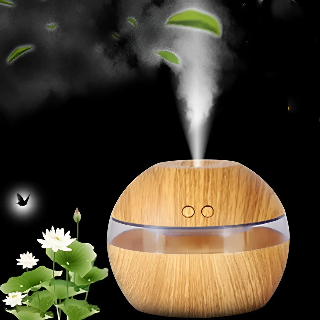 Brown wood grain USB humidifier with 200ml water tank showing adjustable mist control