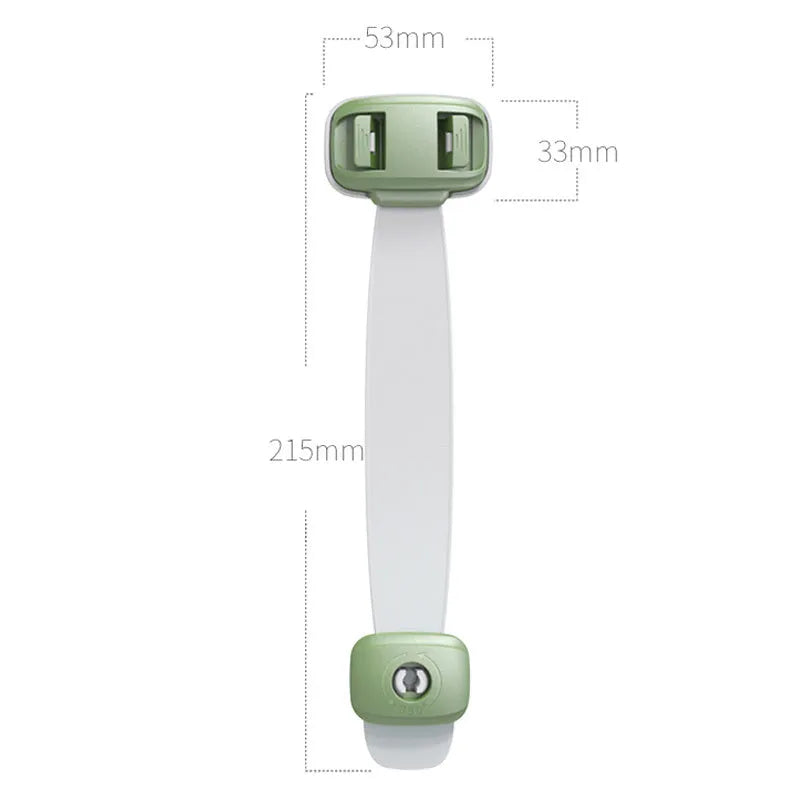 Grey and green adjustable strap child safety locks for cabinets and drawers with adhesive backing.
