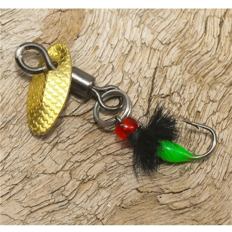 Five bionic poisonous mosquito fishing lures with spinning sequins in multicolour patterns