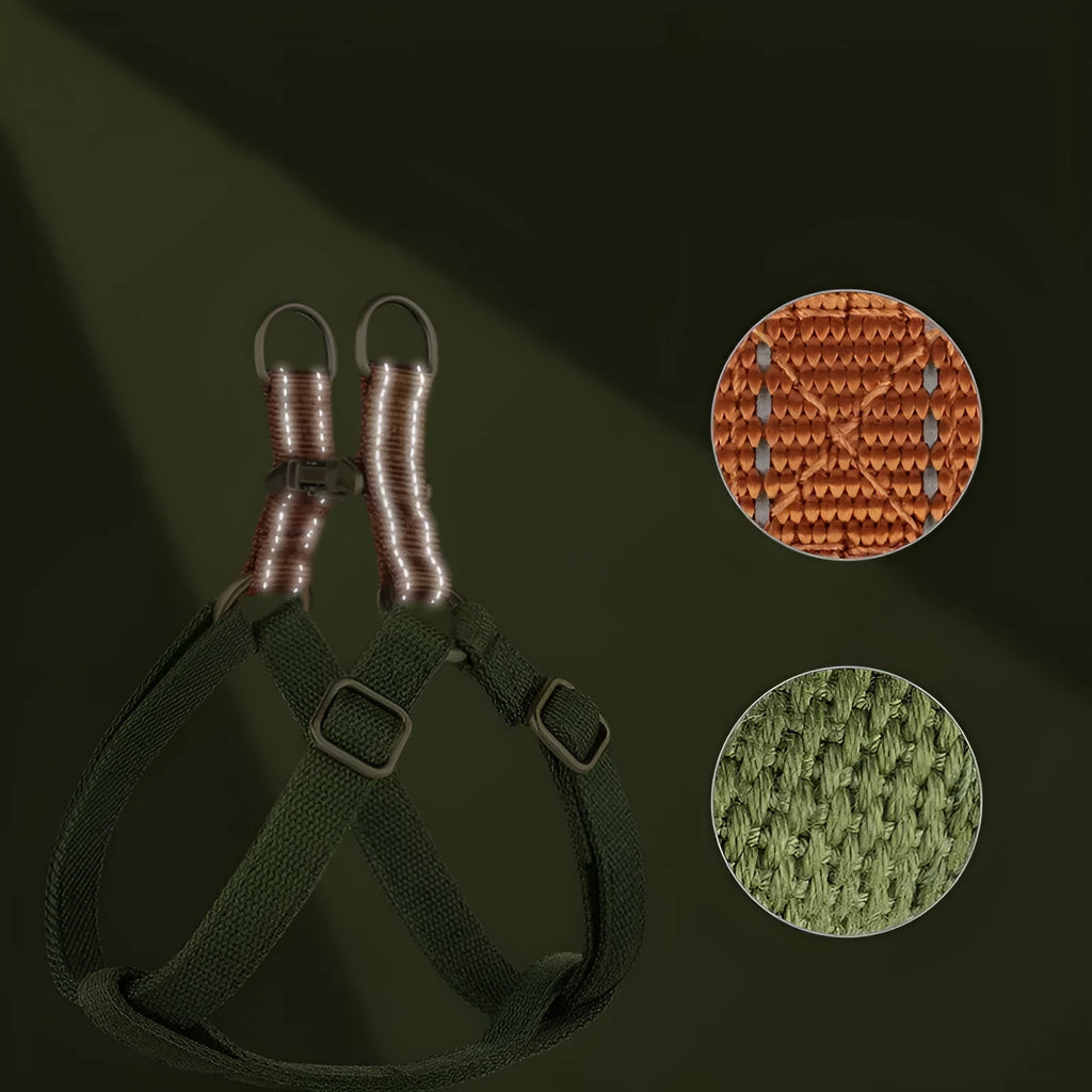 Brown vest-style dog leash with adjustable cotton belt and nylon rope, showing alloy clip.
