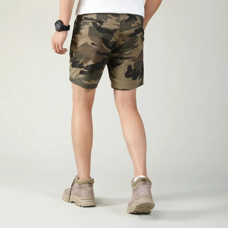 Cotton camouflage workwear shorts in multiple patterns with zip placket and mid waist design