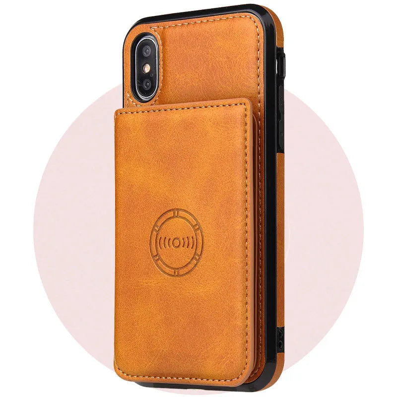 Imitation leather card wallet phone case for iPhone in various solid colours.