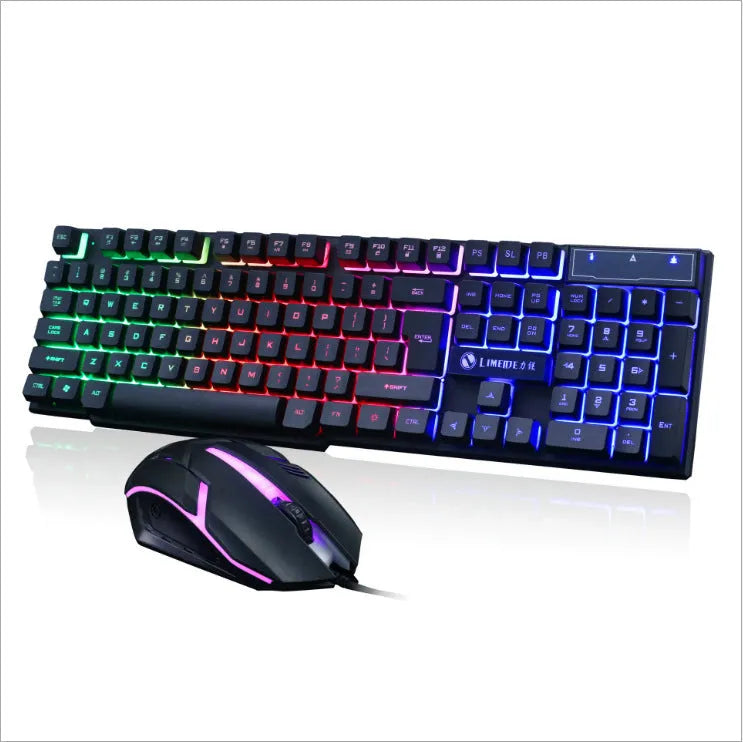 Limei GTX300 white and black gaming keyboard and mouse set with RGB backlight on a desk.